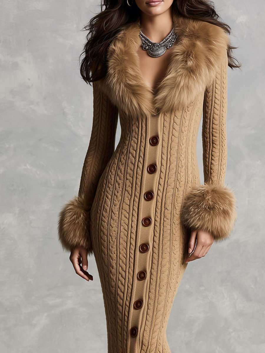 Vestido Midi Retro de Punto Camel con Cuello y Puños de Pelo Sintético