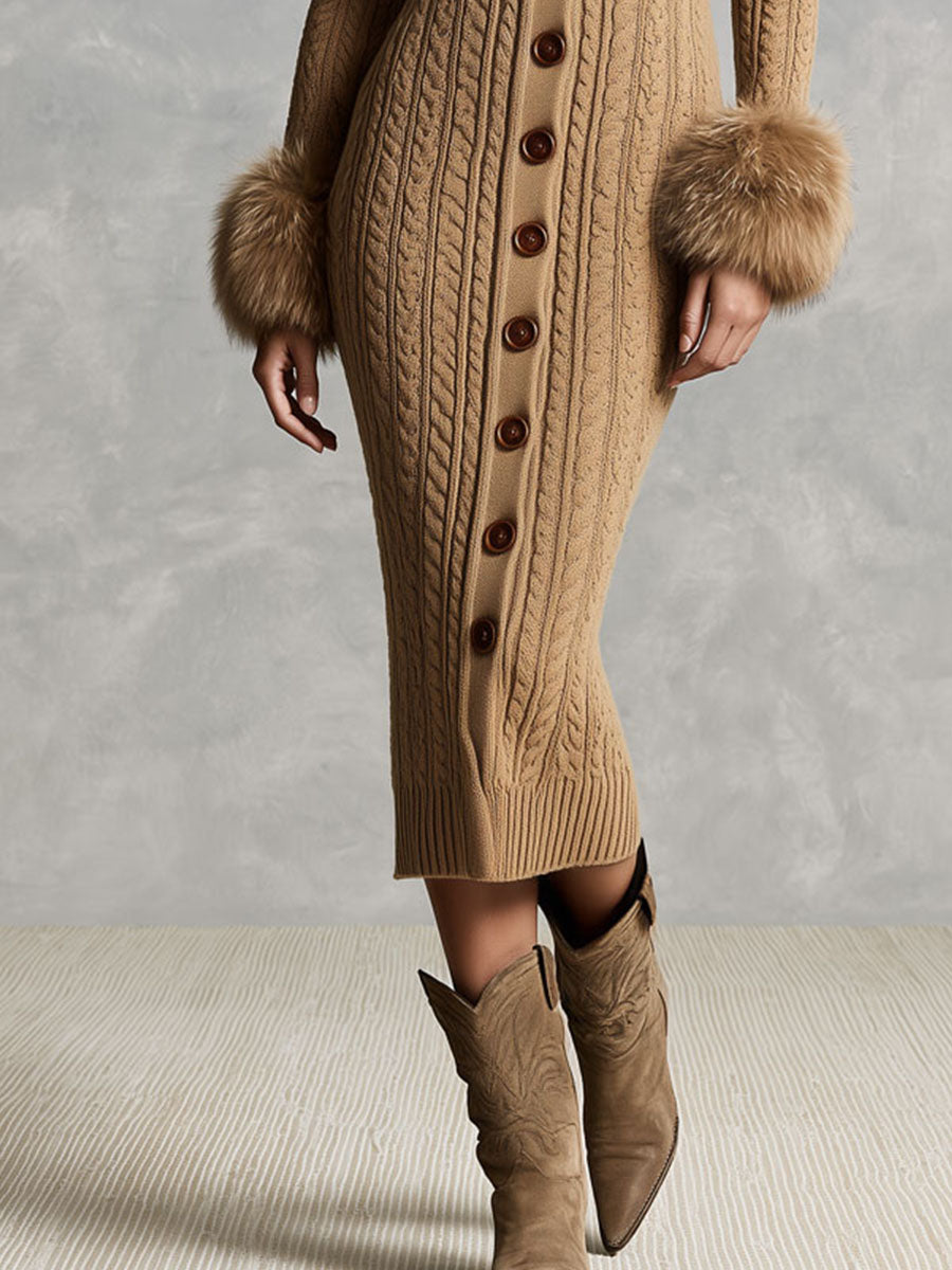 Vestido Midi Retro de Punto Camel con Cuello y Puños de Pelo Sintético
