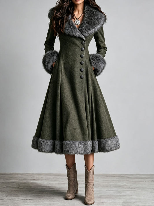 Abrigo Vestido Largo Boho Western de Lana con Pelo, Cintura Entallada y Falda Acampanada