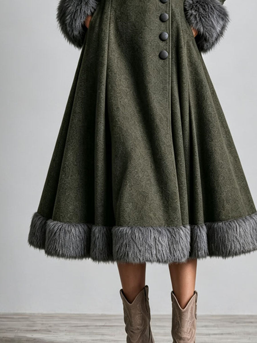 Abrigo Vestido Largo Boho Western de Lana con Pelo, Cintura Entallada y Falda Acampanada