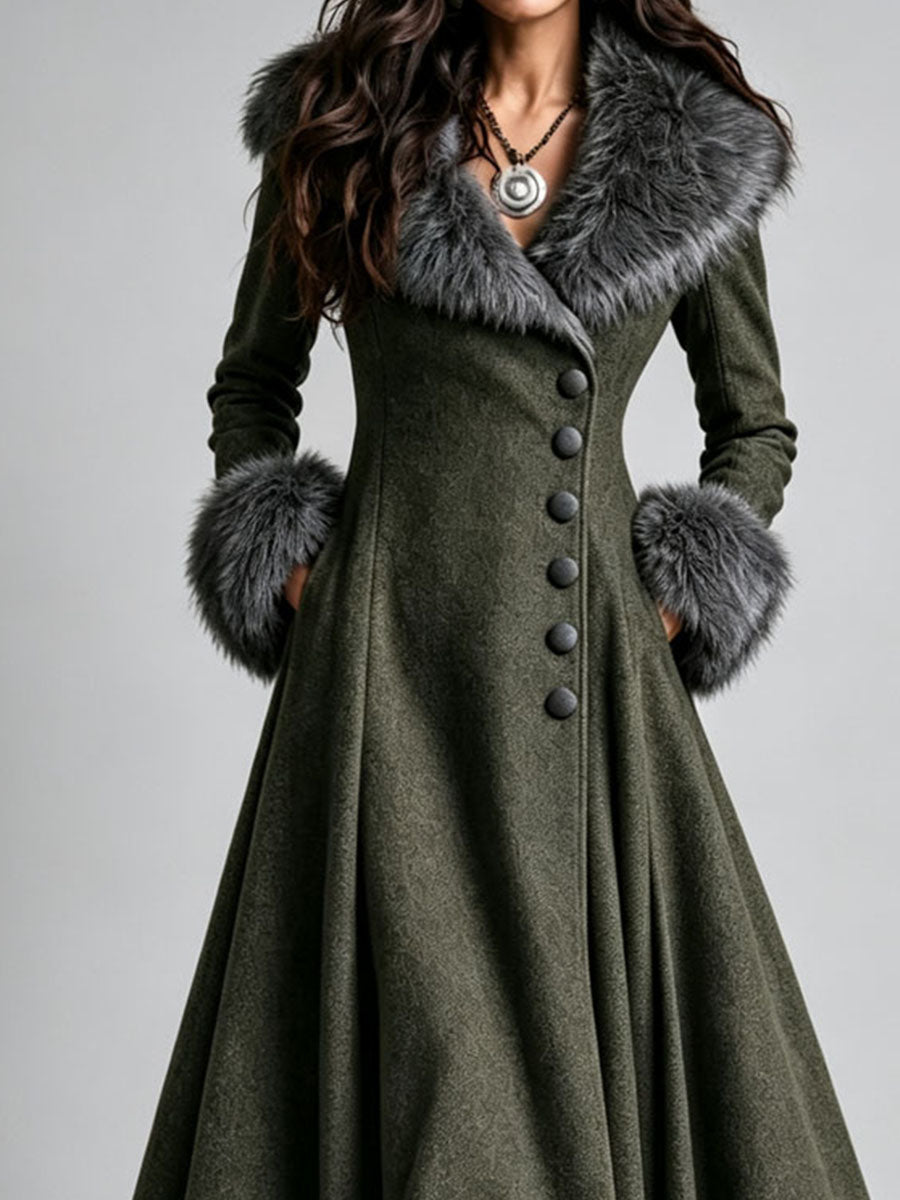 Abrigo Vestido Largo Boho Western de Lana con Pelo, Cintura Entallada y Falda Acampanada