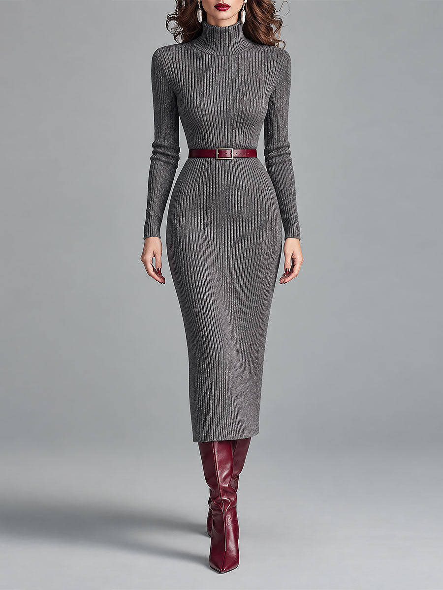 Vestido Midi Elegante de Punto Canalé con Cuello Alto, Corte Ajustado y Cinturón