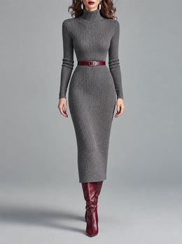 Vestido Midi Elegante de Punto Canalé con Cuello Alto, Corte Ajustado y Cinturón