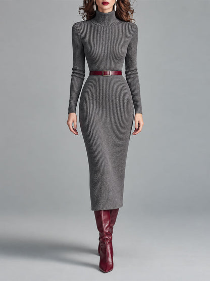 Vestido Midi Elegante de Punto Canalé con Cuello Alto, Corte Ajustado y Cinturón