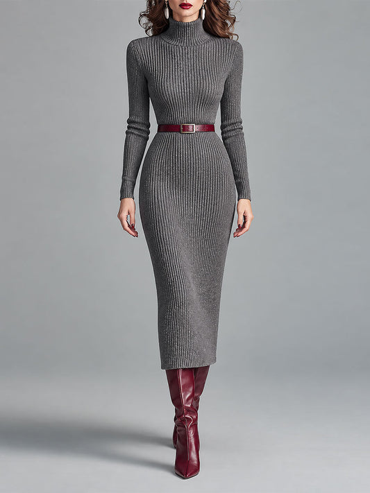 Vestido Midi Elegante de Punto Canalé con Cuello Alto, Corte Ajustado y Cinturón
