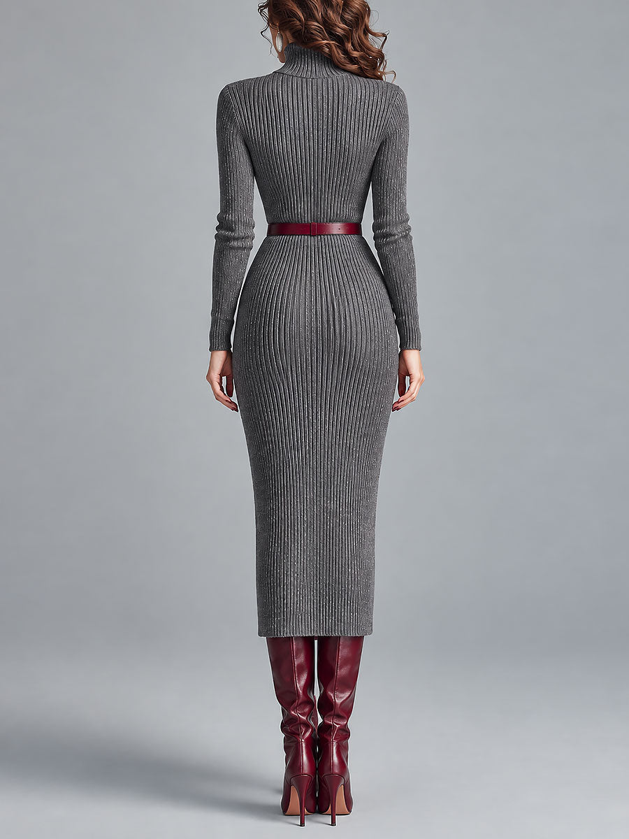 Vestido Midi Elegante de Punto Canalé con Cuello Alto, Corte Ajustado y Cinturón