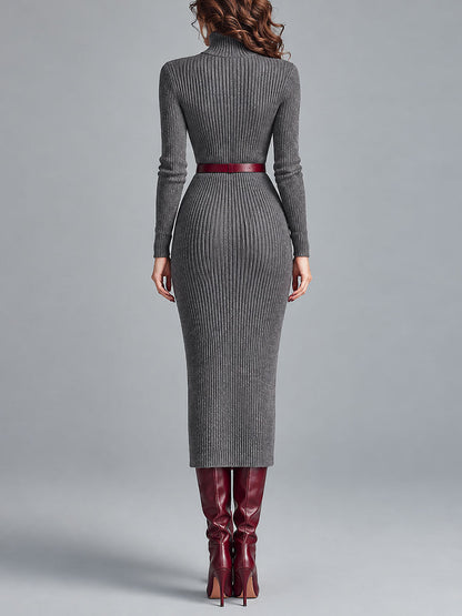 Vestido Midi Elegante de Punto Canalé con Cuello Alto, Corte Ajustado y Cinturón