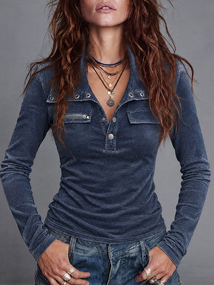 Camiseta Henley Vintage de Manga Larga con Bolsillo Utility y Detalle de Cremallera