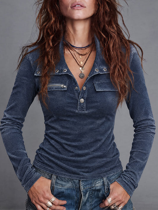 Camiseta Henley Vintage de Manga Larga con Bolsillo Utility y Detalle de Cremallera