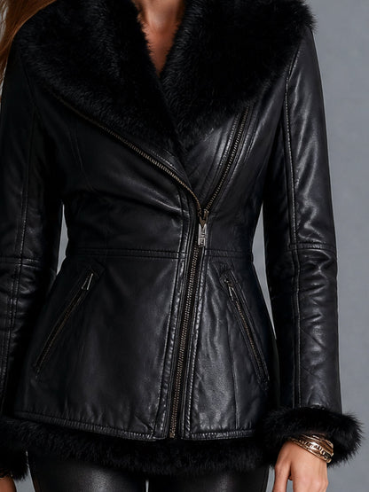 Chaqueta negra efecto piel con ribete de pelo