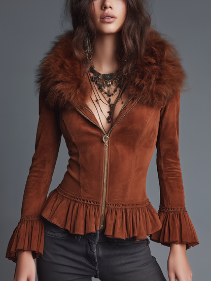 Chaqueta marrón efecto ante con cuello de pelo y volantes