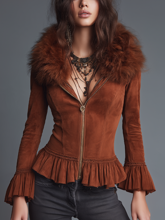 Chaqueta marrón efecto ante con cuello de pelo y volantes