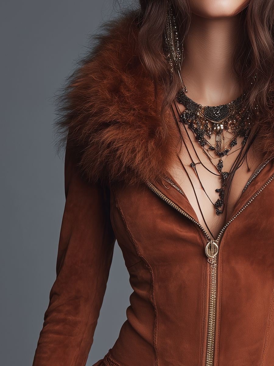 Chaqueta marrón efecto ante con cuello de pelo y volantes