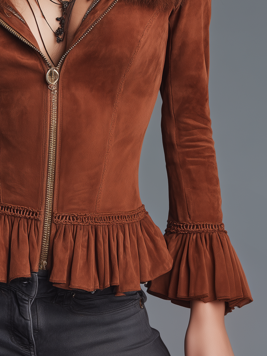 Chaqueta marrón efecto ante con cuello de pelo y volantes