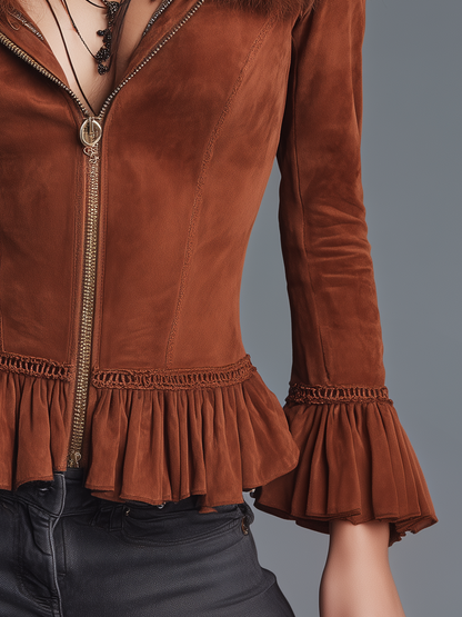 Chaqueta marrón efecto ante con cuello de pelo y volantes