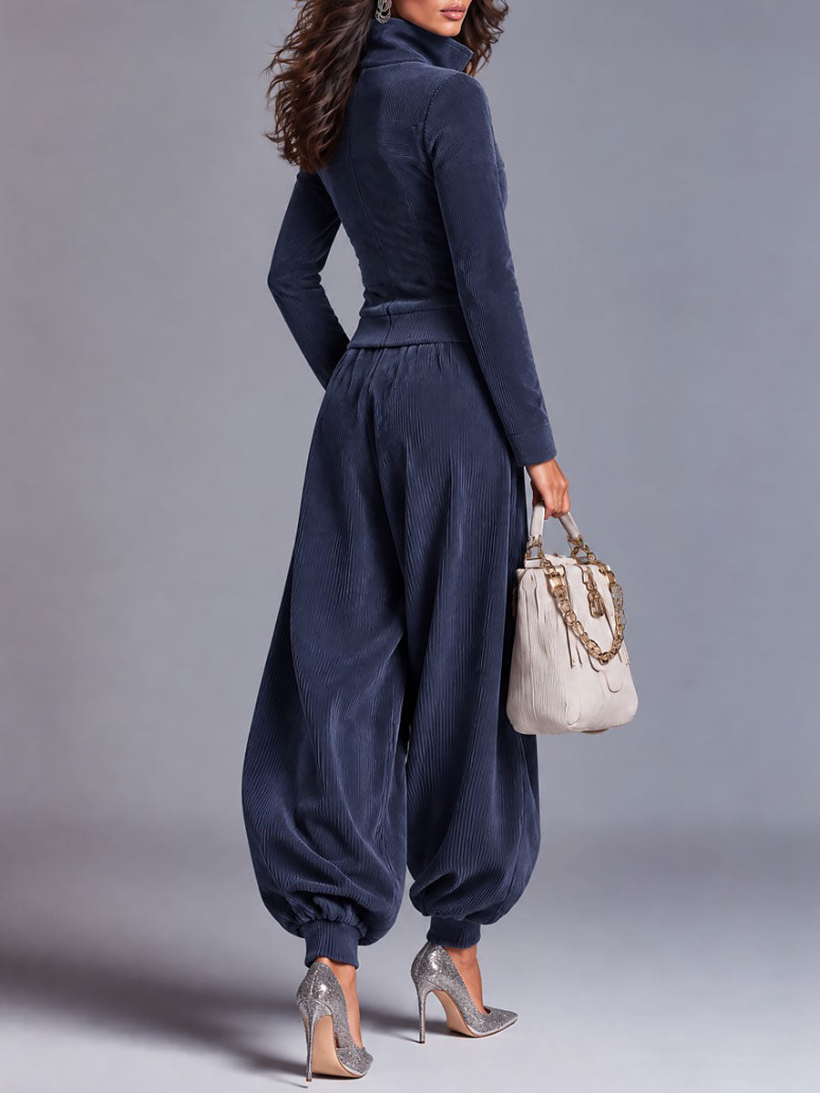 Conjunto de Pana de Dos Piezas con Chaqueta de Cremallera y Pantalón Jogger Balloon