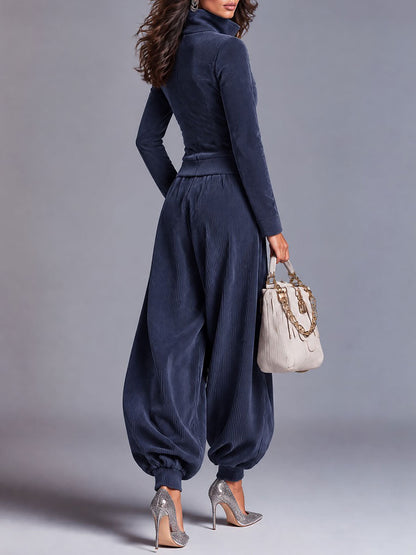 Conjunto de Pana de Dos Piezas con Chaqueta de Cremallera y Pantalón Jogger Balloon