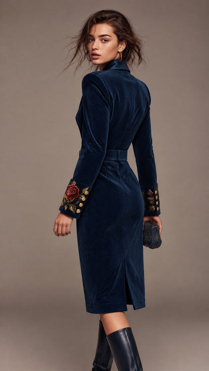 Vestido Blazer de Pana con Doble Botonadura, Puños Bordados y Cinturón