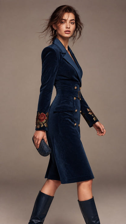 Vestido Blazer de Pana con Doble Botonadura, Puños Bordados y Cinturón