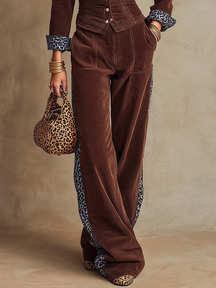 Conjunto de Pana de Dos Piezas con Detalles de Estampado de Leopardo