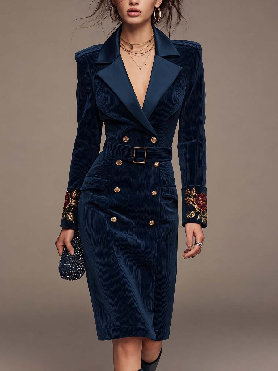 Vestido Blazer de Pana con Doble Botonadura, Puños Bordados y Cinturón