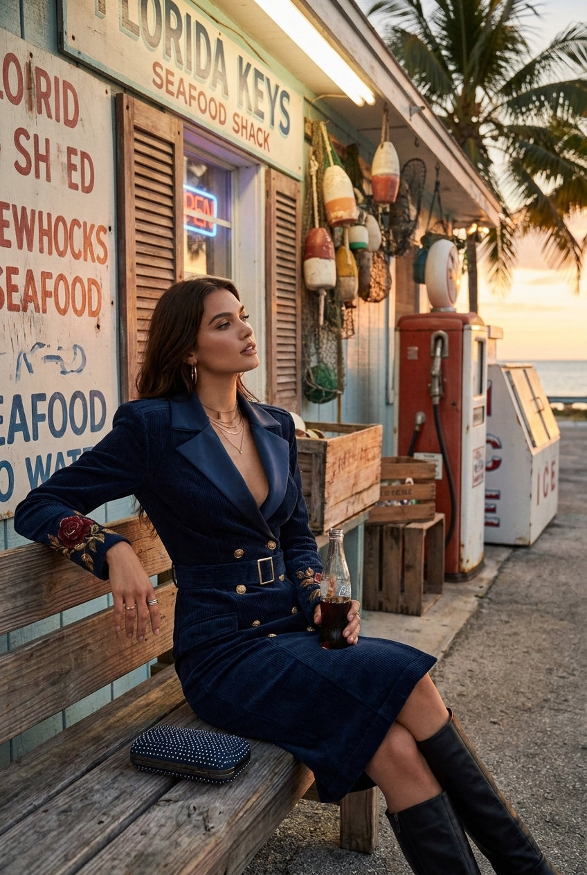 Vestido Blazer de Pana con Doble Botonadura, Puños Bordados y Cinturón