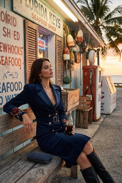 Vestido Blazer de Pana con Doble Botonadura, Puños Bordados y Cinturón