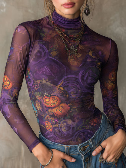 Camiseta de Malla de Manga Larga con Estampado de Halloween