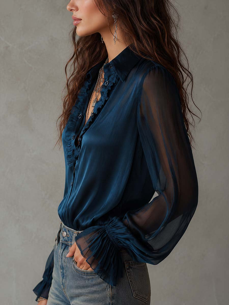 Blusa Vintage de Mezcla de Tencel Semitransparente con Cuello de Volantes y Manga Larga