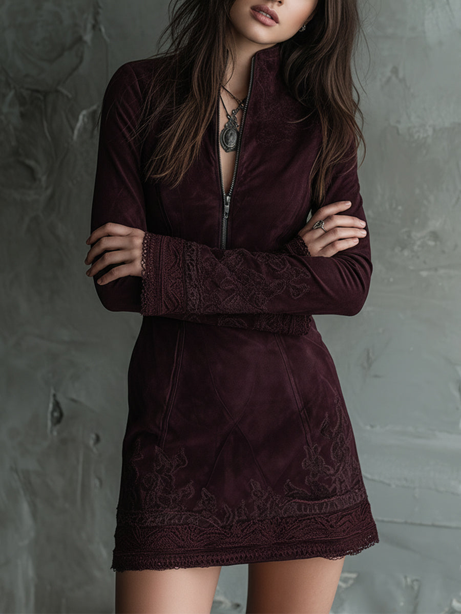 Vestido Mini Vintage de Ante con Bordados y Detalles de Encaje