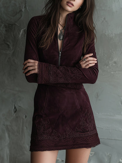 Vestido Mini Vintage de Ante con Bordados y Detalles de Encaje