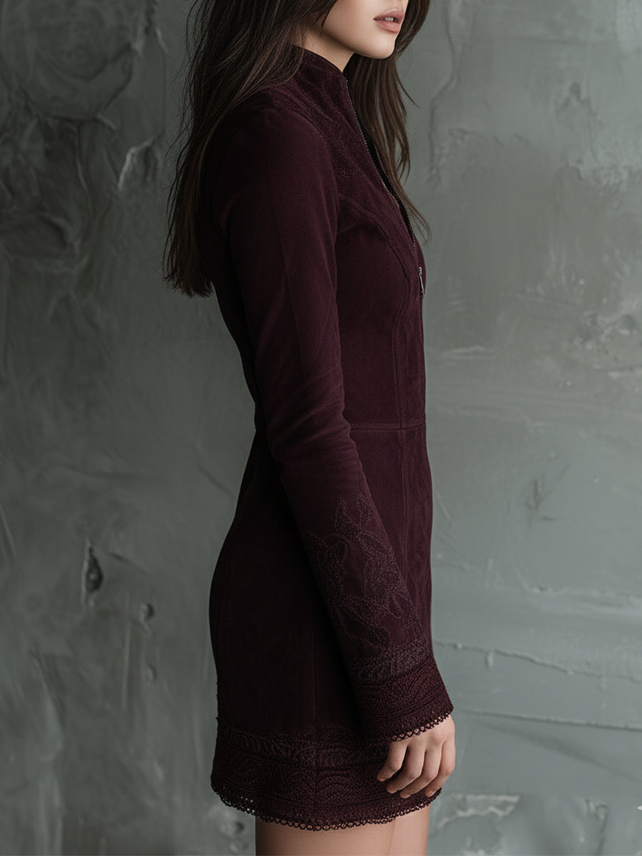 Vestido Mini Vintage de Ante con Bordados y Detalles de Encaje