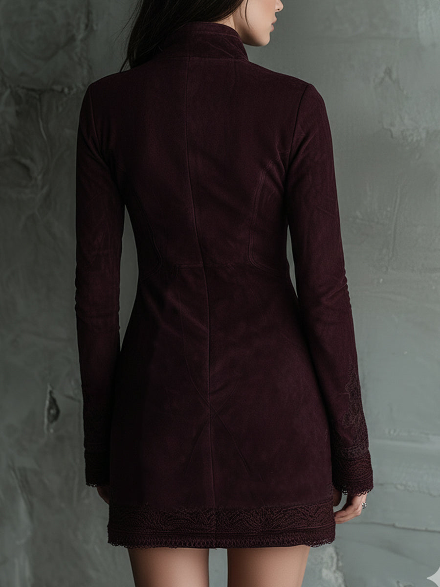 Vestido Mini Vintage de Ante con Bordados y Detalles de Encaje