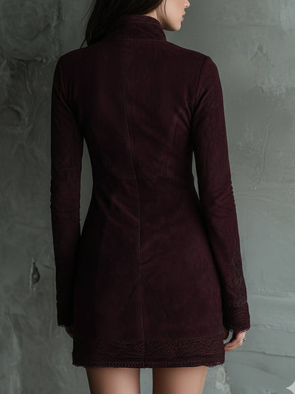 Vestido Mini Vintage de Ante con Bordados y Detalles de Encaje
