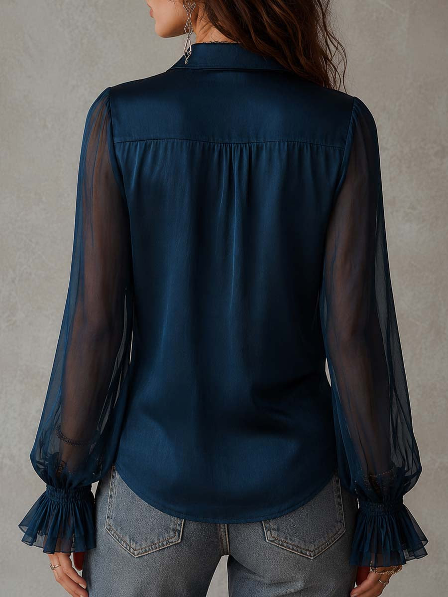 Blusa Vintage de Mezcla de Tencel Semitransparente con Cuello de Volantes y Manga Larga