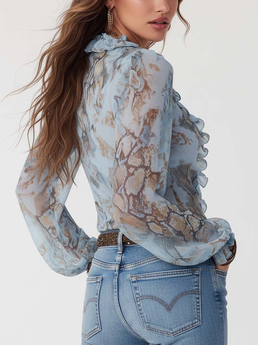 Blusa de Chifón Azul Estampada con Volantes y Cremallera Frontal