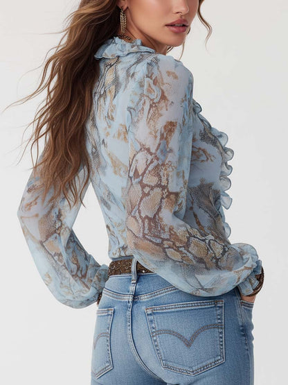 Blusa de Chifón Azul Estampada con Volantes y Cremallera Frontal