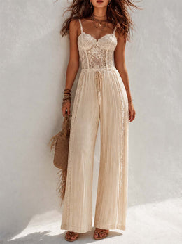 Mono Bohemio Crema con Corsé de Encaje y Pantalón Plisado de Pierna Ancha
