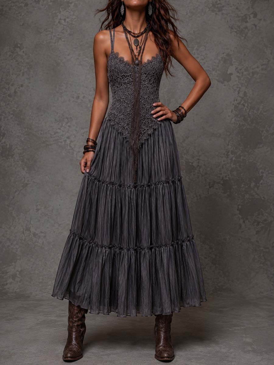 Vestido Maxi Gris Oscuro con Cuerpo de Encaje y Falda Escalonada