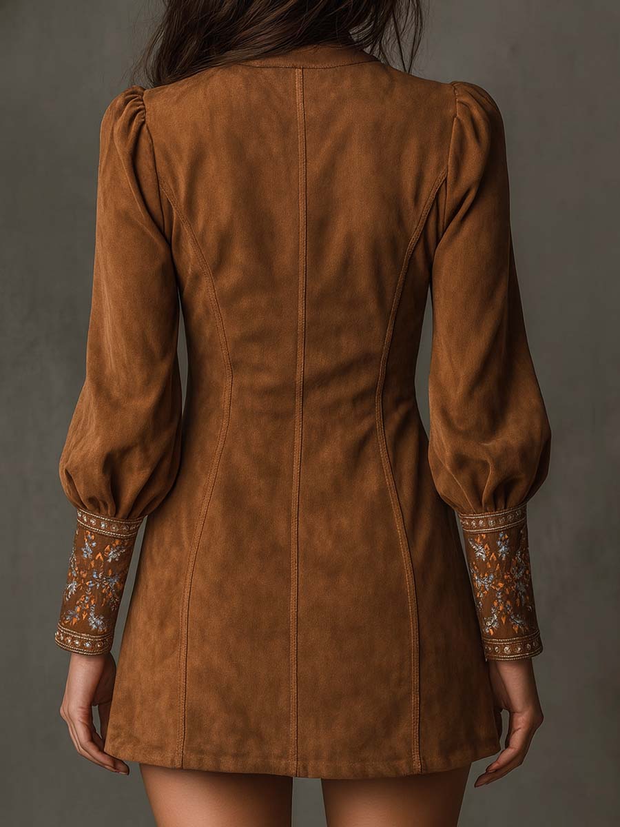 Vestido Mini Vintage de Ante Bordado con Mangas Largas