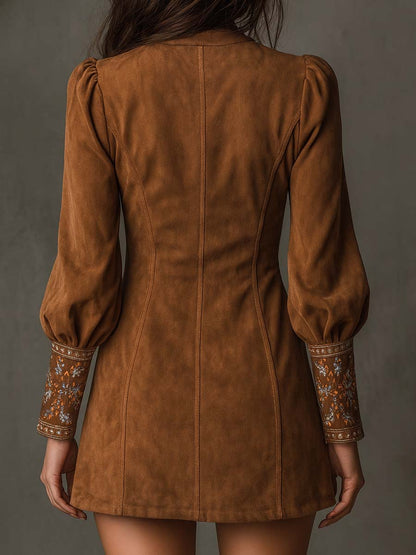 Vestido Mini Vintage de Ante Bordado con Mangas Largas
