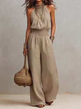 Mono Beige Tostado de Algodón y Lino con Cuello Halter, Cintura Fruncida y Pierna Ancha