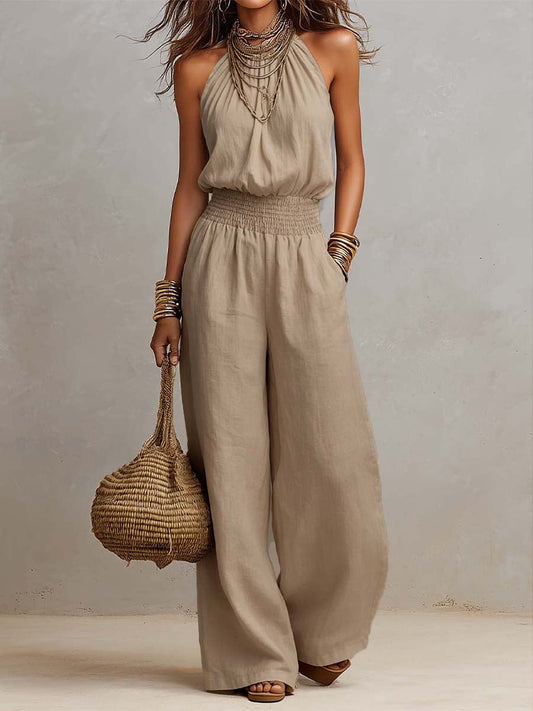 Mono Beige Tostado de Algodón y Lino con Cuello Halter, Cintura Fruncida y Pierna Ancha