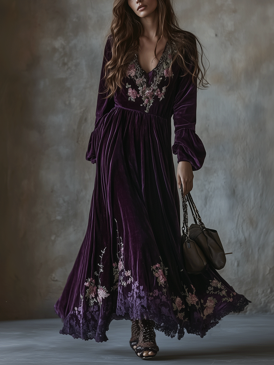Vestido Maxi Vintage de Terciopelo con Bordado Floral