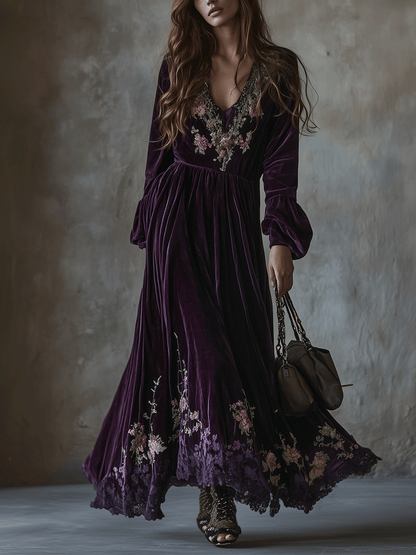 Vestido Maxi Vintage de Terciopelo con Bordado Floral