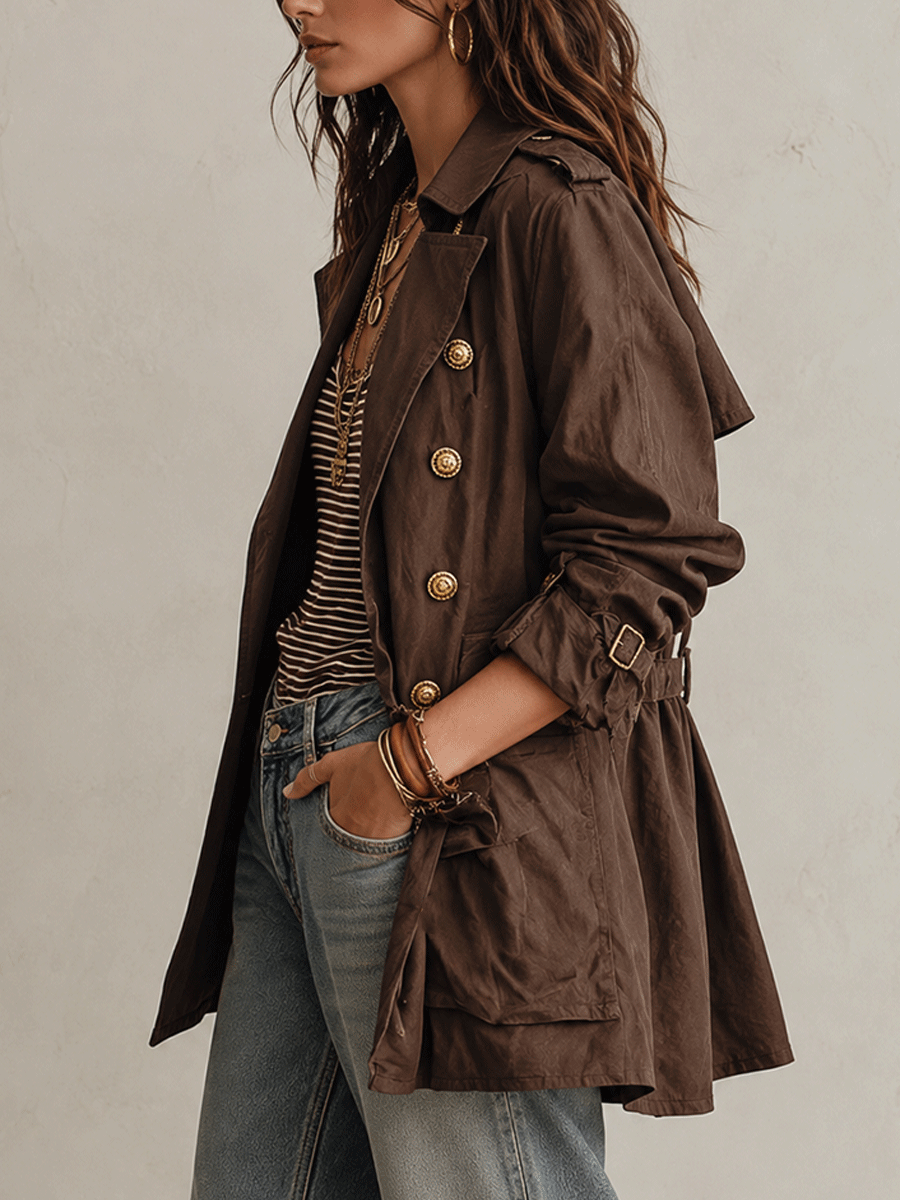 Gabardina Utility Chic Marrón Chocolate de Sarga de Algodón con Doble Botonadura y Cinturón
