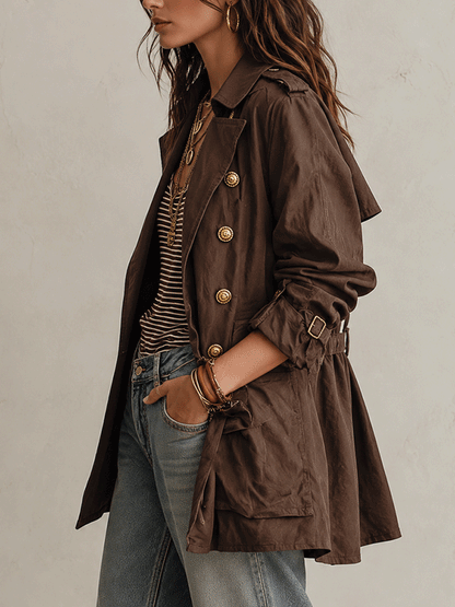 Gabardina Utility Chic Marrón Chocolate de Sarga de Algodón con Doble Botonadura y Cinturón