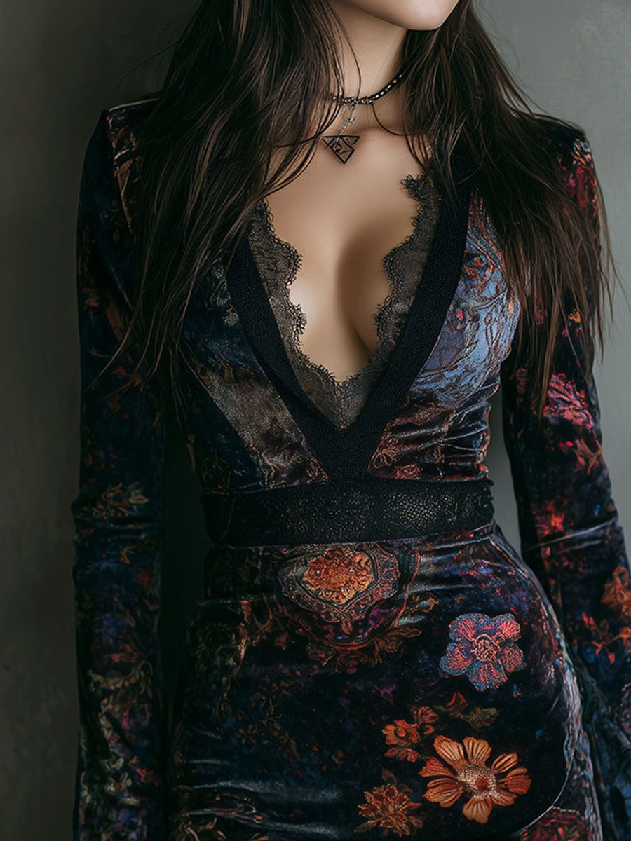 Vestido Mini Boho de Terciopelo con Estampado Floral, Escote en V, Corte Ajustado y Encaje