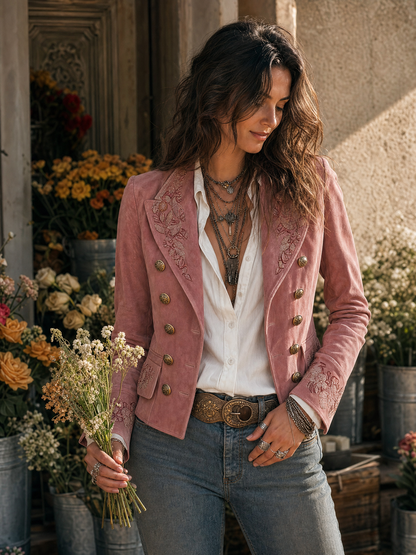 Chaqueta Vintage de Ante Bordado con Doble Botonadura