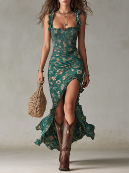 Vestido Maxi Boho Retro con Mangas de Volantes y Abertura Alta